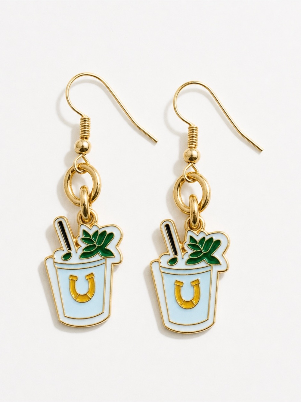 Mint Julep Charm Drop Earrings Gold Tone Kentucky Derby Southern Chic